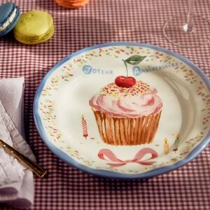 Anthropologie Blue Rim Joyeux Anniversaire Dessert Plate with Pink Cupcake